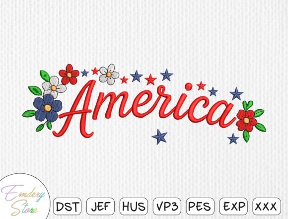 America Floral Embroidery Design: Patriotic Elegance
